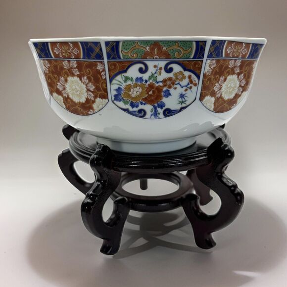 Vintage Japanese Imari 10 Sided Footed Porcelain Bowl with Wood Stand 9" Wide